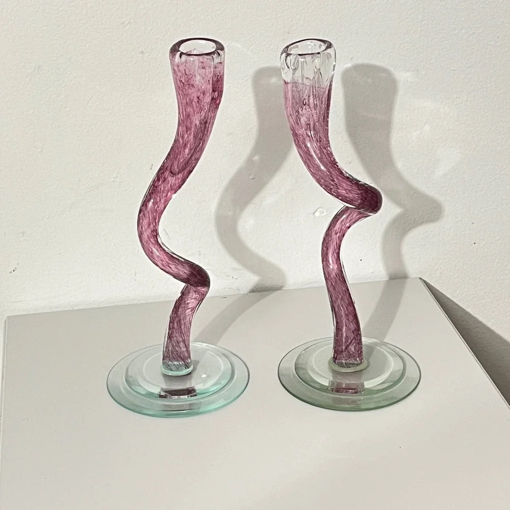 Michael‎ Hudson Candle Holders  Purple Art Glass Twisted Wavy Pair